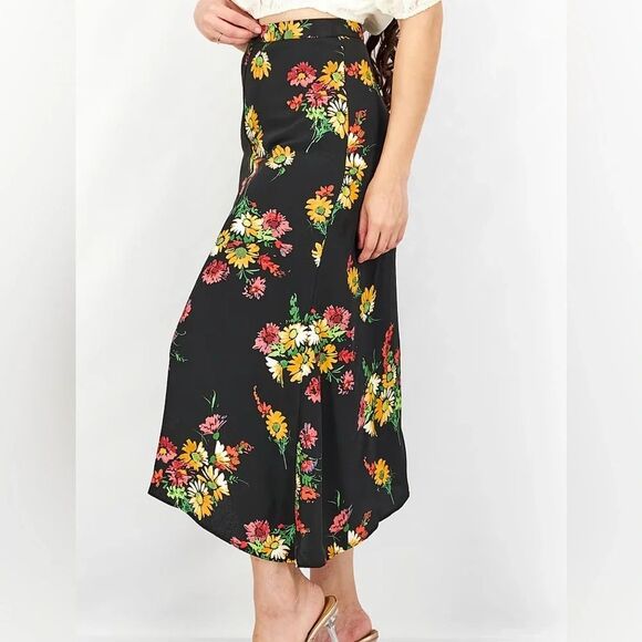 MANGO MNG Floral Print Black Yellow Midi skirt with Belt size 2 NWT New - Picture 9 of 9